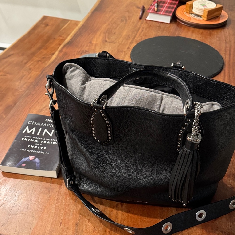 Michael Kors Black Leather Shoulder Bag with Tassel;